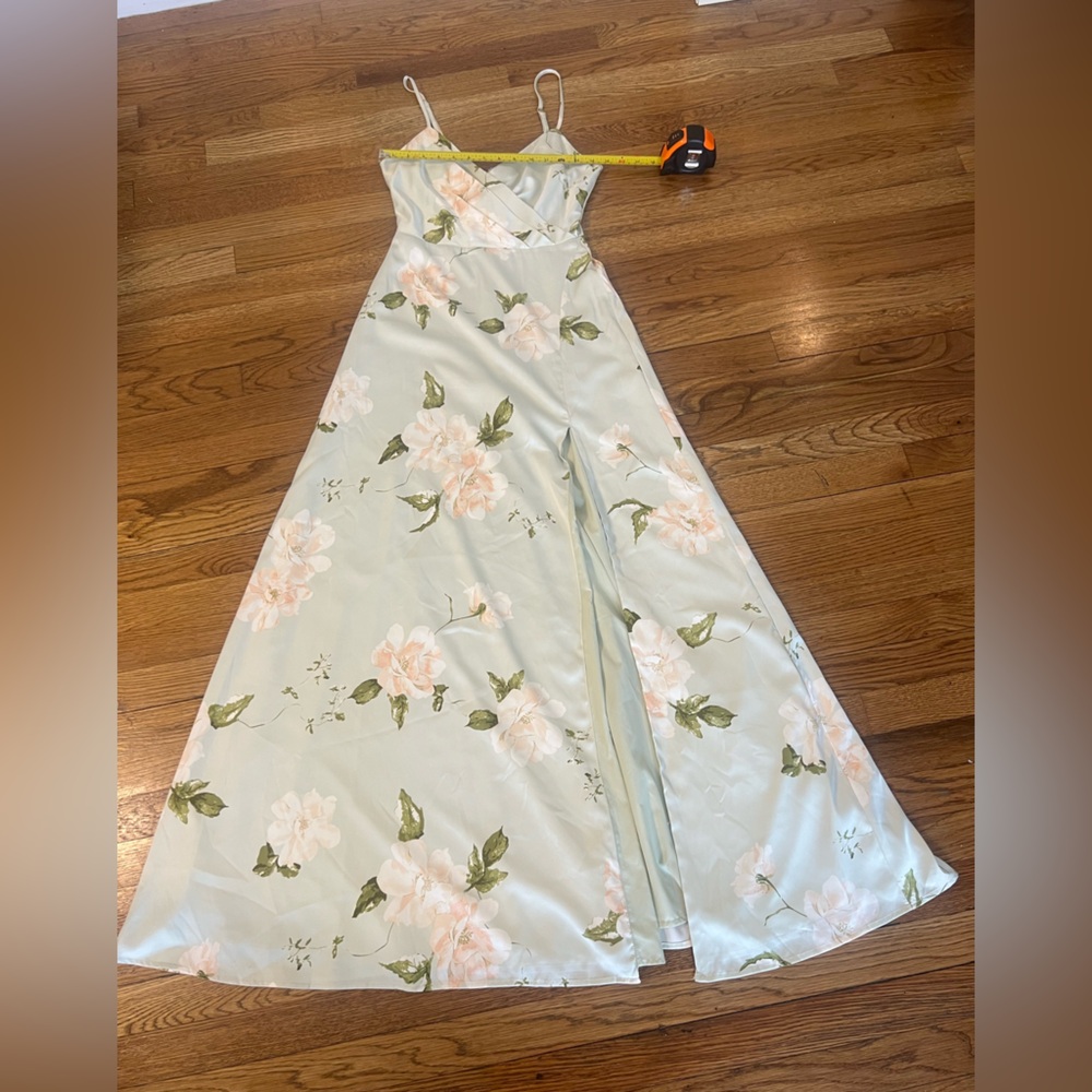 Lulu's Mint Green Floral Satin Maxi Dress with White Flowers